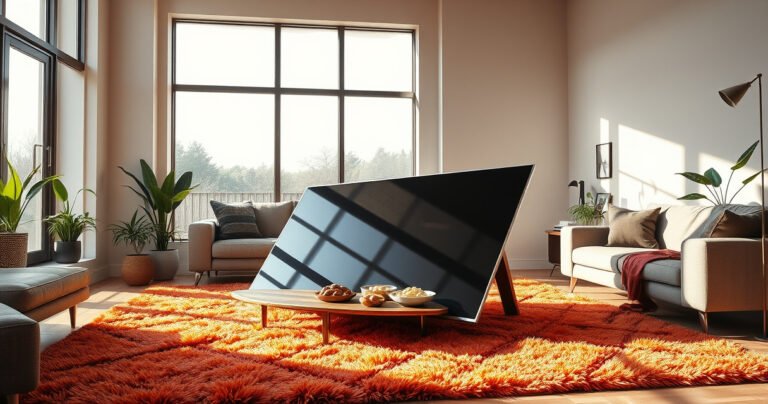 A sleek modern living room with a large flat screen TV casually lying on its back atop a plush, vibrant rug. Sunlight streams through large windows, casting gentle shadows. Surrounding the TV are cozy sofas, a coffee table with snacks, and decorative plants, creating a relaxed and inviting atmosphere that sparks curiosity about TV care.