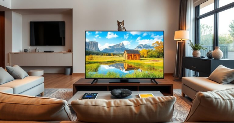 A sleek, modern living room with a large LED TV laid flat on a stylish coffee table, surrounded by cozy cushions and a warm, inviting ambiance. Soft lighting highlights the TV screen displaying a vibrant nature scene, while a curious cat peeks over the edge. Elegant decor elements add a touch of sophistication.