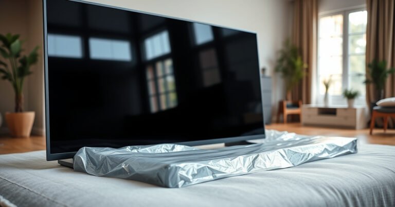 A close-up of a sleek, modern flat-screen TV lying securely on a soft, padded surface, surrounded by safety gear like bubble wrap and foam corners. In the background, a light-filled living room with a stylish, minimalistic decor, showcasing a cozy atmosphere that emphasizes careful handling and protection of electronics.