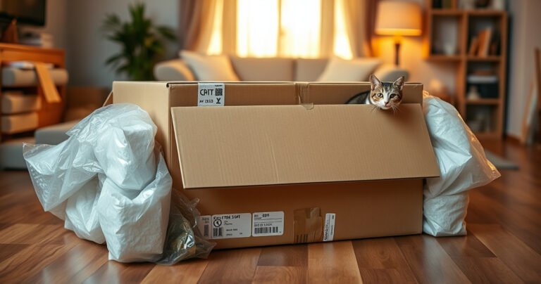 A neatly packed television box resting on a wooden floor, surrounded by protective foam and bubble wrap, with a glowing living room in the background. Soft, warm lighting highlights the careful arrangement, showcasing safe packing techniques, including labels and instructions, while a curious cat peeks over the edge of the box, adding a touch of whimsy.