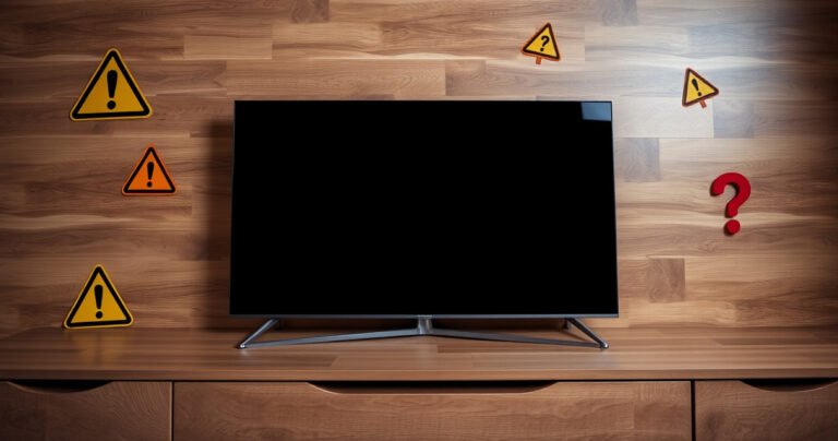 A sleek, modern LED TV lying flat on a stylish wooden surface, surrounded by cautionary symbols like warning signs and question marks, with soft ambient lighting reflecting off its screen, creating a blend of intrigue and curiosity, emphasizing both the elegance of the device and the concerns of proper placement.