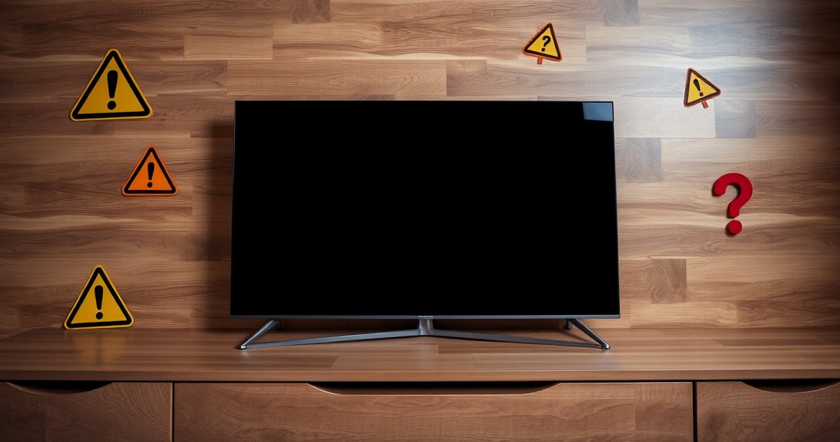 A sleek, modern LED TV lying flat on a stylish wooden surface, surrounded by cautionary symbols like warning signs and question marks, with soft ambient lighting reflecting off its screen, creating a blend of intrigue and curiosity, emphasizing both the elegance of the device and the concerns of proper placement.