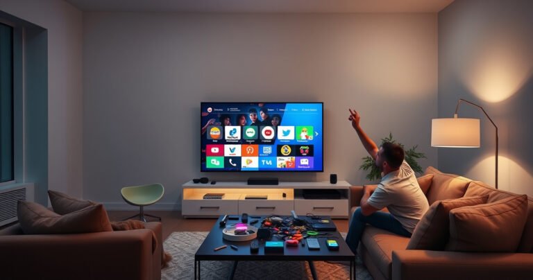 A sleek, modern living room with a large flat-screen TV displaying vibrant smart technology features, surrounded by colorful smart devices like voice assistants and streaming remote controls. Soft ambient lighting highlights a cozy sofa and a coffee table cluttered with gadgets, while a user enthusiastically interacts with the TV, showcasing a blend of comfort and innovation.