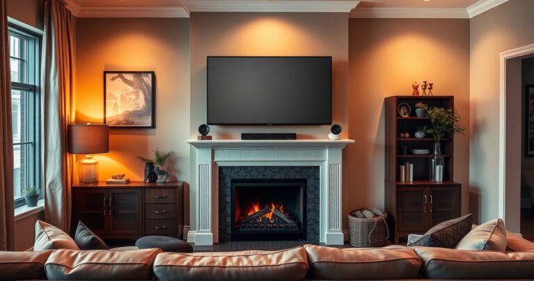 A cozy living room featuring a stylish fireplace with a mounted flat-screen TV above it, adorned with tasteful decor. Warm ambient lighting casts a soft glow, highlighting safety features like a sturdy mount and cable management. A comfortable sofa faces the setup, inviting viewers to imagine a perfect movie night in this elegant, modern space.