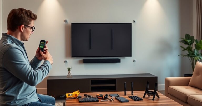 A modern living room with a sleek, flat-screen TV mounted on a wall without visible studs, showcasing innovative mounting solutions. Nearby, a confident homeowner examines a stud finder, while various mounting tools and brackets lie on a stylish coffee table. Soft ambient lighting highlights contemporary decor, creating a cozy yet functional atmosphere.