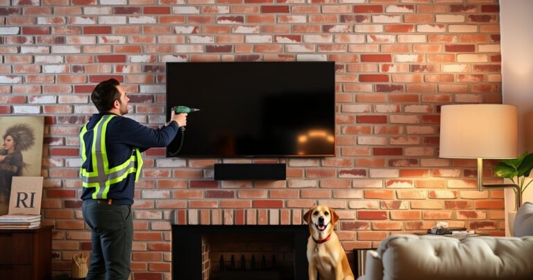 A cozy living room with a sleek, mounted TV on a textured brick wall, surrounded by stylish decor. A person confidently drills into the brick, safety gear on, while a friendly pet watches curiously. Warm light spills from a nearby lamp, creating an inviting atmosphere that blends modern technology with rustic charm.