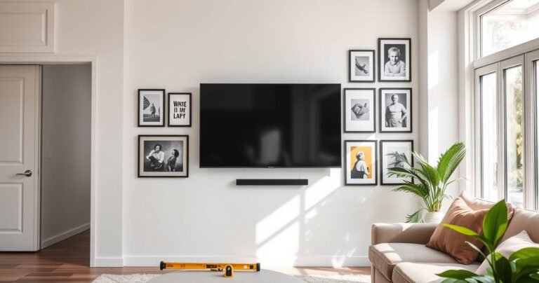 A close-up view of a sturdy, modern living room featuring a sleek flatscreen TV mounted on smooth white drywall. The wall showcases a stylish gallery of framed art, with tools like a stud finder and level resting nearby. Soft natural light floods the space, highlighting a cozy couch and vibrant indoor plants, creating an inviting atmosphere.