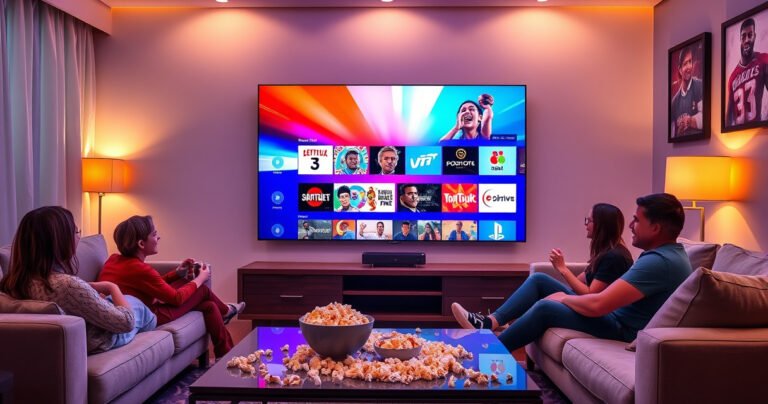 A modern living room with a large smart TV displaying a vibrant YouTube TV interface, popcorn scattered on a stylish coffee table, family members excitedly gathered on a plush couch, colorful light from the screen illuminating their faces, with a cozy ambiance accentuated by warm lighting and wall art depicting sports and entertainment icons.