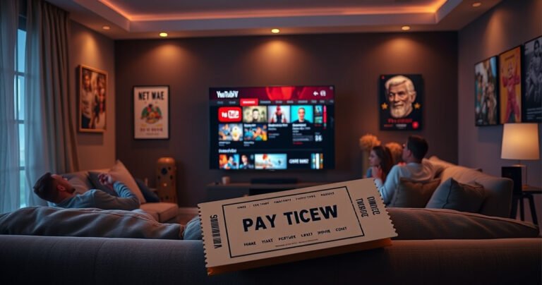 A cozy living room with a large flat-screen TV displaying a vibrant YouTube TV interface, popcorn bowls scattered around, a family excitedly gathered on a plush sofa, dim lights creating a warm atmosphere, colorful movie posters on the walls, and a digital ticket in the foreground symbolizing pay-per-view events.