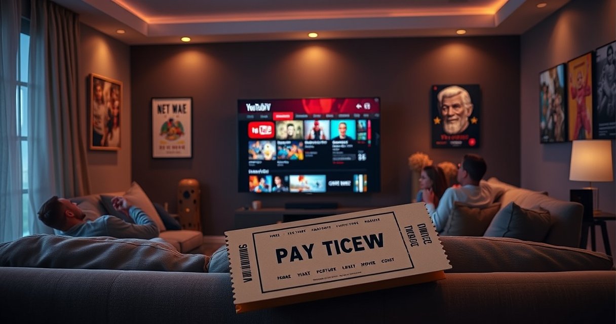 A cozy living room with a large flat-screen TV displaying a vibrant YouTube TV interface, popcorn bowls scattered around, a family excitedly gathered on a plush sofa, dim lights creating a warm atmosphere, colorful movie posters on the walls, and a digital ticket in the foreground symbolizing pay-per-view events.