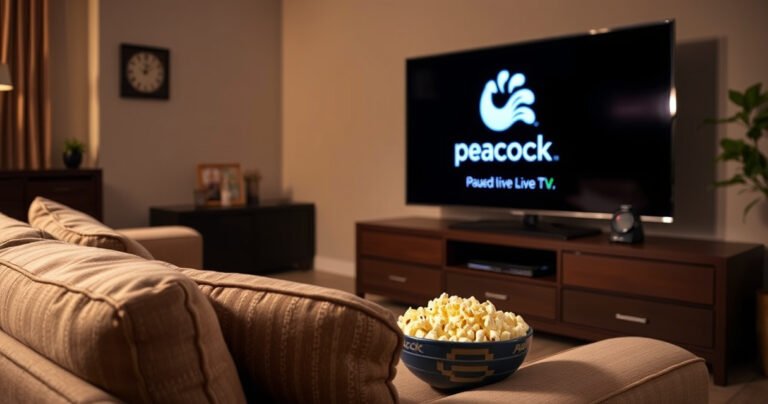 A cozy living room scene with a large flat-screen TV displaying the Peacock logo, a remote control resting on a plush couch, and a bowl of popcorn nearby. Soft lighting creates a relaxed atmosphere, while a clock on the wall subtly shows time pausing, symbolizing the convenience of pausing live TV.