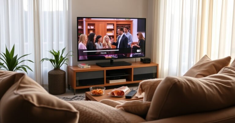A cozy living room with a modern flat-screen TV displaying a paused scene from a popular show. A remote control rests on a plush sofa, surrounded by snacks and a warm blanket. Soft afternoon light filters through sheer curtains, creating a welcoming atmosphere, inviting viewers to relax and learn about pausing live TV.
