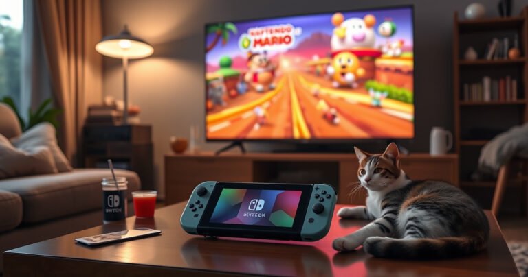 A cozy living room scene featuring a Nintendo Switch Lite on a coffee table, with a large TV displaying vibrant gameplay. Soft lighting casts a warm glow, while snacks and drinks are scattered nearby. A curious cat lounges beside the console, creating a sense of casual gaming comfort and excitement.