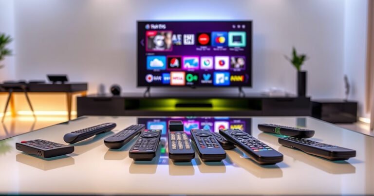 A sleek modern living room featuring a variety of remote controls scattered on a glass coffee table, with a large flat-screen TV displaying colorful, animated graphics of different TV brands and models in the background, illuminated by soft ambient lighting, creating an inviting and tech-savvy atmosphere that sparks curiosity about programming remotes.