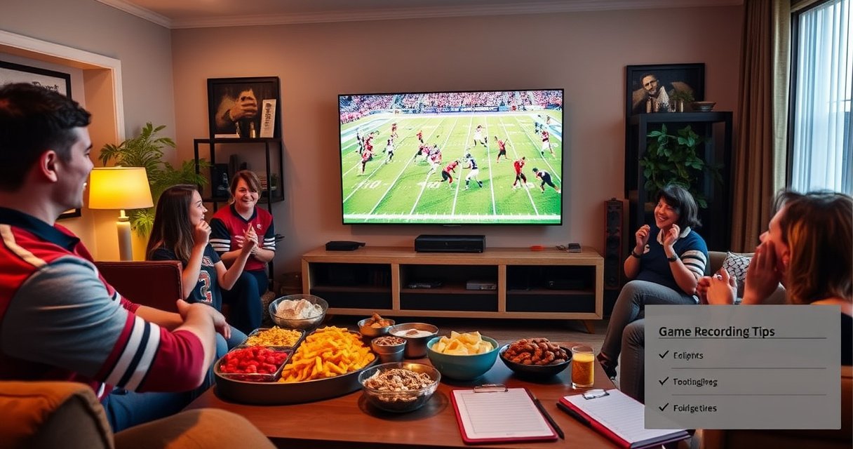 A vibrant living room scene with a large flat-screen TV displaying an intense football game, colorful snacks spread across a coffee table, excited fans in team jerseys cheering, a cozy atmosphere illuminated by warm lighting, and a notepad with a list of game recording tips nearby.