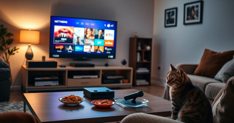 A cozy living room featuring a sleek modern smart TV displaying colorful streaming icons, a neatly arranged coffee table with snacks and a recording device, soft ambient lighting casting a warm glow, and a curious cat watching intently. The walls adorned with framed family photos, creating an inviting atmosphere of technology and comfort.