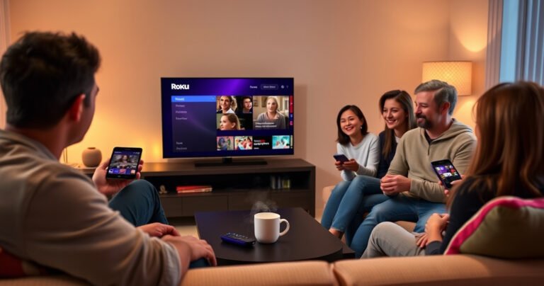 A cozy living room with a modern Roku TV displaying a vibrant screen-sharing interface, surrounded by a comfy couch, colorful throw pillows, and a coffee table with a steaming mug. Soft ambient lighting creates a warm atmosphere, while a family joyfully interacts with devices, emphasizing the convenience and connection of sharing content effortlessly.