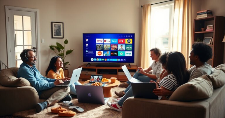 A cozy living room scene featuring a diverse family gathered on a comfortable sofa, sharing a large TV screen displaying a colorful Sling TV interface. Laptops and snacks are scattered around, creating a warm, inviting atmosphere. Sunlight spills through a window, casting a cheerful glow on their engaged faces as they joyfully debate what to watch next.