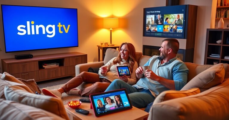 A cozy living room scene with a large TV displaying the Sling TV logo, two friends sitting on a comfortable couch, sharing snacks, laughter, and a tablet showing streaming options. Bright, inviting colors and warm lighting create a relaxed atmosphere, with streaming devices and remote controls scattered around, emphasizing the joy of sharing entertainment.
