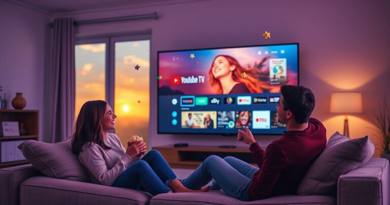 A cozy living room with a large TV displaying a vibrant YouTube TV interface, two friends sitting on a plush sofa, sharing popcorn and laughter, colorful streaming icons floating in the air, a soft glow from ambient lighting, a feeling of connection and shared entertainment, with a window showcasing a sunset in the background.