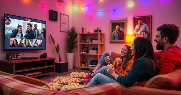 A vibrant living room scene with a cozy sofa, a large flat-screen TV streaming YouTube, and friends laughing and enjoying popcorn together. Colorful decorative lights illuminate the space, while a framed poster of famous YouTube creators hangs on the wall. The atmosphere is warm and inviting, capturing the essence of shared entertainment and friendship.