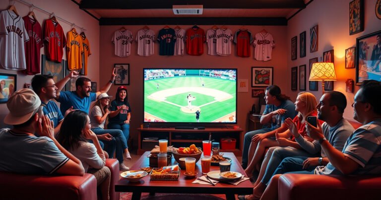 A vibrant living room filled with excited fans, gathered around a large TV showcasing a thrilling MLB game. Snacks and drinks scattered across a coffee table, jerseys hanging on the walls, and lively chatter filling the air, capturing the essence of shared moments and camaraderie centered around baseball. Bright colors, dynamic poses, and an engaging atmosphere.