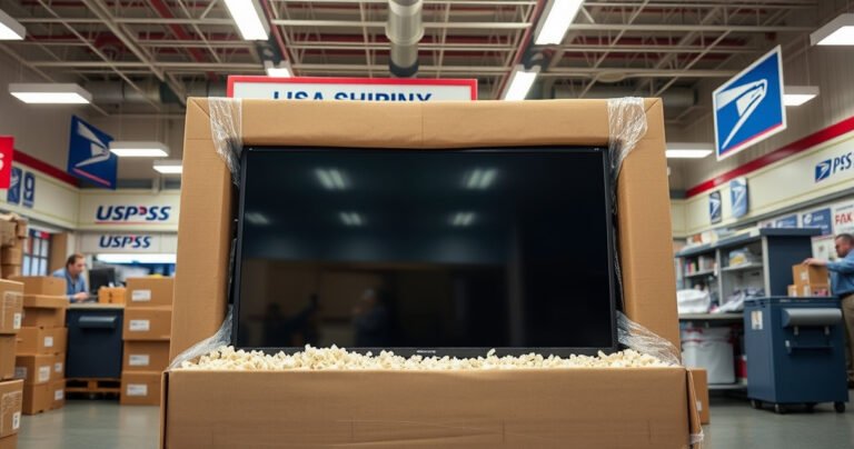 A large, flat-screen TV securely packaged in a sturdy cardboard box, surrounded by packing peanuts and bubble wrap, set against the backdrop of a bustling USPS post office. Bright overhead lights illuminate the scene, while postal workers handle packages and a sign displaying shipping options hangs in the background.