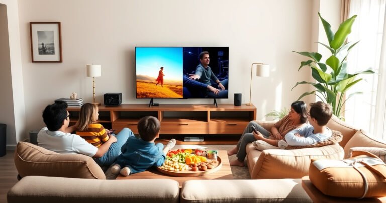 A cozy living room scene featuring an Apple TV displaying a vibrant split screen with two different shows. A family of four lounges on a plush sofa, snacks scattered on a coffee table, sunlight streaming through a window, creating a warm atmosphere. The room is adorned with modern decor and a large indoor plant in the corner.