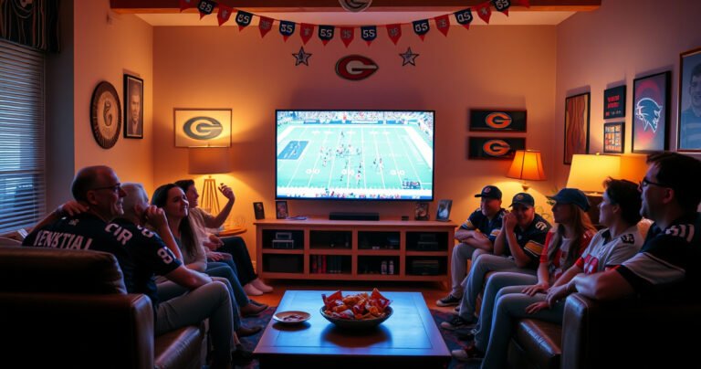 A cozy living room setup featuring a large flat-screen TV displaying an NFL game, surrounded by excited fans in jerseys, snacks on the coffee table, and a vibrant atmosphere of celebration, with a warm glow from floor lamps and colorful team decorations adorning the walls.