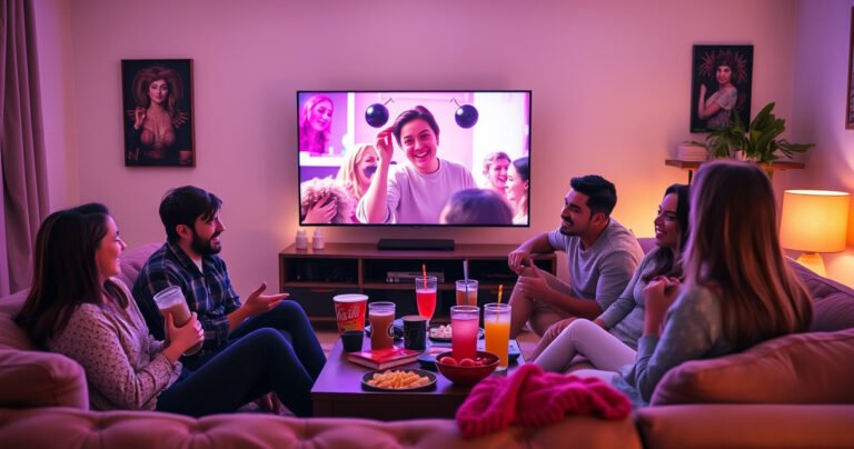A cozy living room scene with a large flat-screen TV displaying a vibrant TikTok video, surrounded by a playful array of snacks and drinks. Soft lighting casts a warm glow, while a group of friends laugh and interact, seated comfortably on a plush sofa, capturing the spirit of social connection through streaming entertainment.