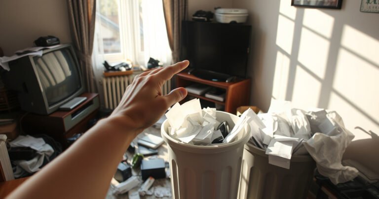 A cluttered living room with a broken TV surrounded by discarded electronics, crumpled papers, and an overflowing recycling bin. Sunlight streams through a window, casting shadows on the floor, while a hand hesitates, poised above the trash can, contemplating the safe disposal of e-waste. A sense of environmental responsibility lingers in the air.