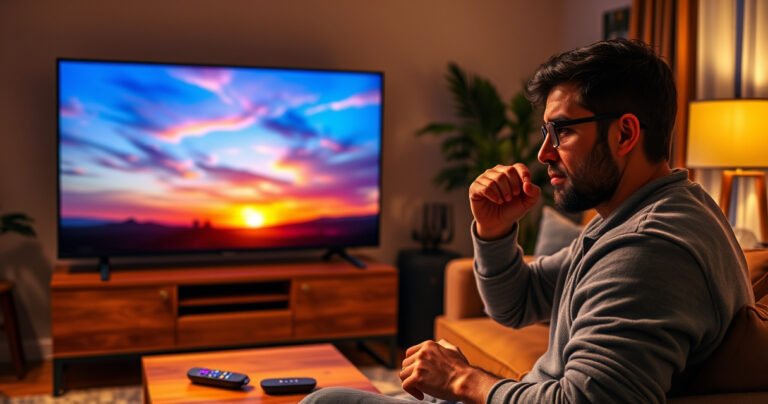 A cozy living room with a modern Roku TV displaying a vibrant sunset scene. Soft lighting highlights a comfortable sofa and a coffee table with remote controls. A person, looking puzzled yet determined, adjusts the TV's brightness settings, surrounded by warm, inviting decor. A calming atmosphere filled with potential solutions and serenity.