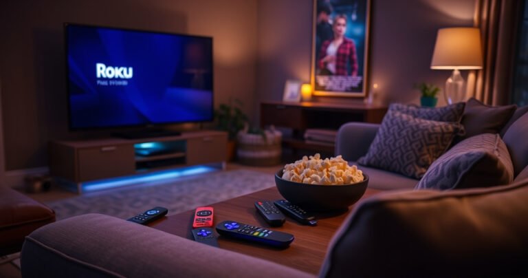 A cozy living room featuring a sleek Roku TV, a variety of colorful remotes scattered on a plush couch, soft ambient lighting, and a bowl of popcorn on a coffee table. The atmosphere is inviting and warm, hinting at a movie night, with a poster of a classic film softly illuminated in the background.