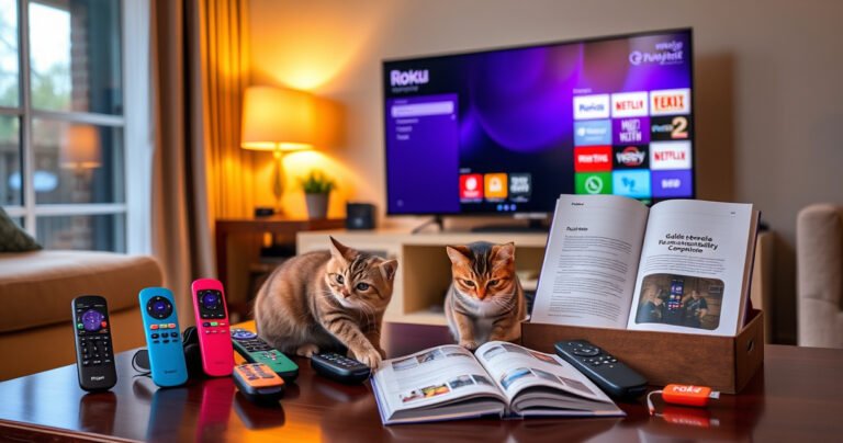 A cozy living room featuring a sleek TV with a Roku interface on the screen, surrounded by an array of colorful Roku remotes in vibrant designs. A curious cat examines the remotes, while a coffee table holds a guidebook on remote compatibility. Warm lighting casts a welcoming glow, inviting viewers to explore the topic.