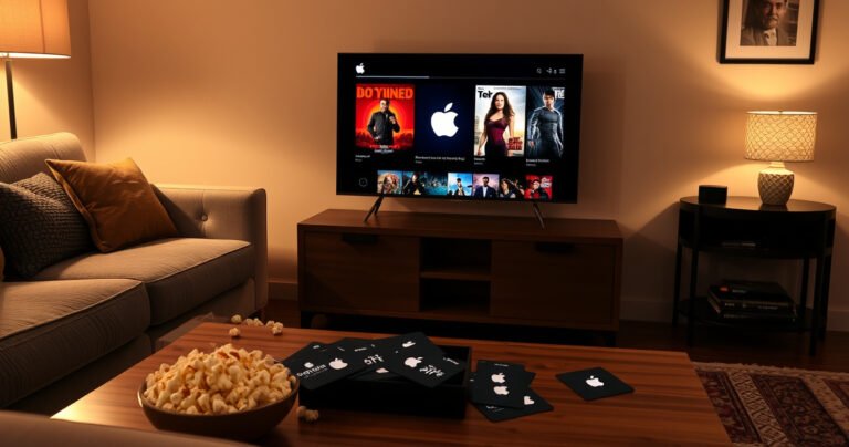A cozy living room scene with a plush sofa, a glowing Apple TV display showcasing vibrant movie posters, and a coffee table adorned with scattered Apple gift cards. Soft ambient lighting creates a warm atmosphere, while a bowl of popcorn sits invitingly nearby, suggesting a night of entertainment.