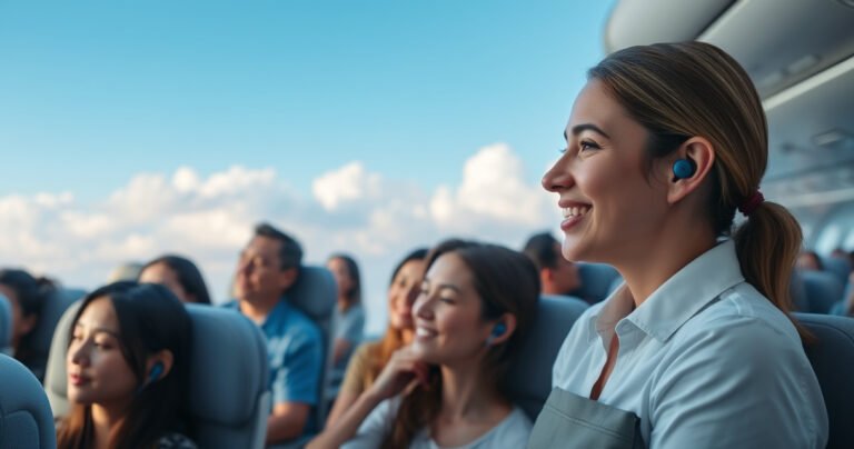 A serene airplane cabin filled with passengers, each enjoying their own Bluetooth earbuds. Soft ambient lighting highlights relaxed faces, while a flight attendant passes by with a smile. Outside the window, fluffy clouds drift beneath a bright blue sky, evoking a sense of calm and connectivity in the air.