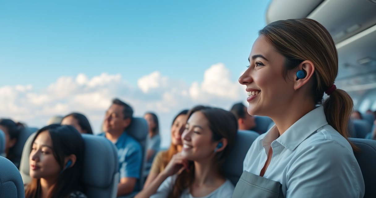A serene airplane cabin filled with passengers, each enjoying their own Bluetooth earbuds. Soft ambient lighting highlights relaxed faces, while a flight attendant passes by with a smile. Outside the window, fluffy clouds drift beneath a bright blue sky, evoking a sense of calm and connectivity in the air.