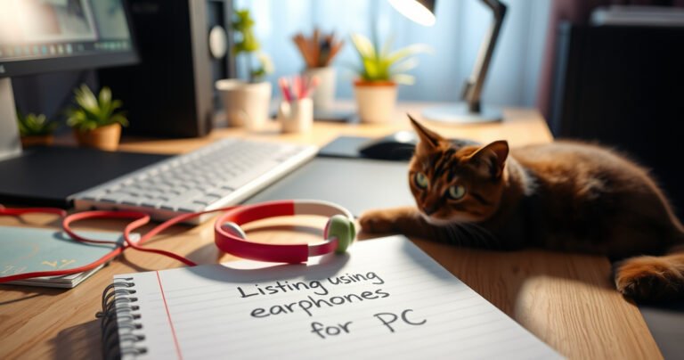 A cozy home office scene featuring a sleek computer setup with colorful earphones resting beside the keyboard. Soft ambient light illuminates a vibrant desk adorned with plants and stationery, while a curious cat lounges nearby, casting a playful shadow. A notepad with scribbled tips on using earphones for PC sits prominently in the foreground.