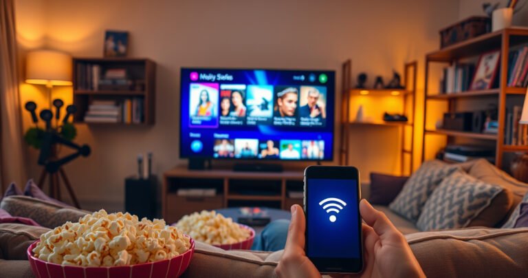 A cozy living room scene with a modern TV displaying a vibrant streaming interface, surrounded by a comfortable couch, popcorn bowl, and a smartphone showing a glowing hotspot icon. Warm golden lighting enhances the inviting atmosphere, while a bookshelf filled with movies and tech gadgets adds a touch of personality to the space.