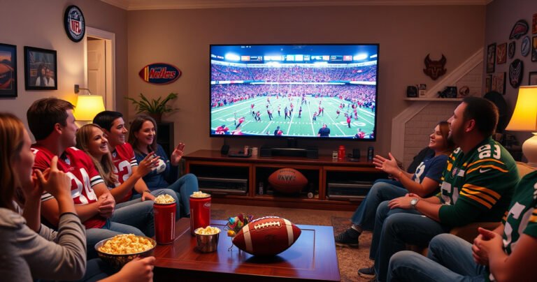 A cozy living room scene with a large flat-screen TV displaying an NFL game, surrounded by excited fans in team jerseys, popcorn bowls, and soda cans. Soft lighting casts a warm glow, while a football on the coffee table and team memorabilia adorn the walls, capturing the thrill of watching football at home.