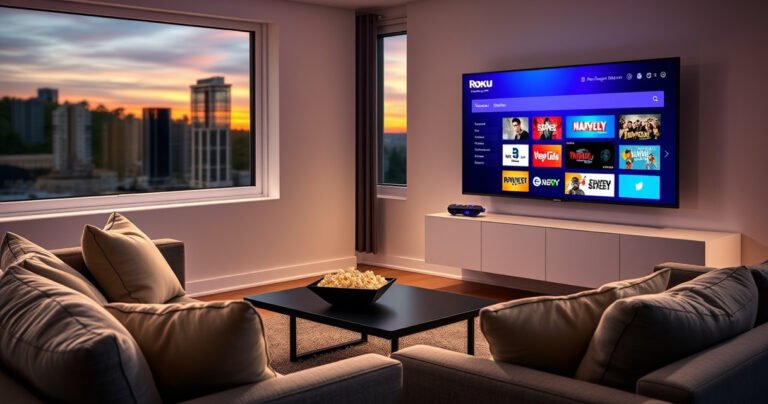 A sleek modern living room featuring a vibrant smart TV displaying the Roku interface, with colorful streaming icons. A cozy couch with plush cushions sits nearby, and a stylish coffee table holds a bowl of popcorn. Soft ambient lighting enhances the inviting atmosphere, while a window shows a sunset sky, hinting at a perfect movie night.