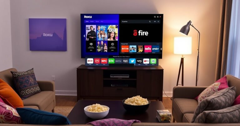A cozy living room with a large flat-screen TV displaying both Roku and Fire TV interfaces side by side. A comfortable sofa adorned with colorful cushions, popcorn bowls on a coffee table, and a soft glow from a floor lamp, creating an inviting atmosphere for watching streaming content.