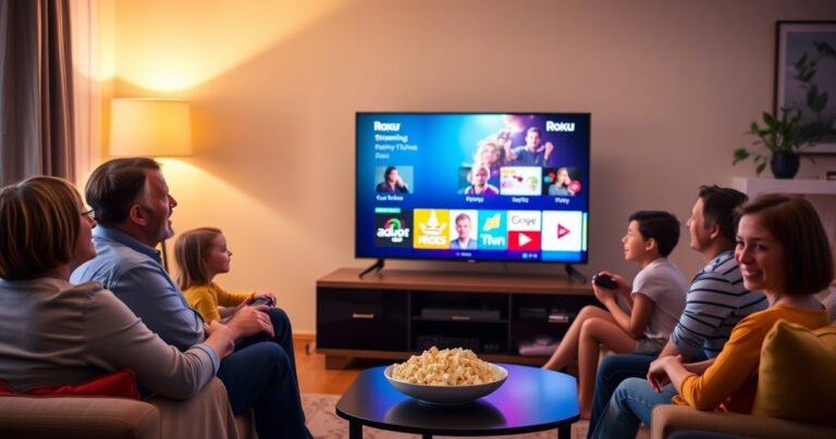 A cozy living room scene featuring a sleek smart TV displaying the Roku interface, vibrant streaming icons glowing. A comfortable sofa is adorned with colorful cushions, and a bowl of popcorn sits on a stylish coffee table. Warm ambient lighting creates a welcoming atmosphere, while a family engages happily with a remote in hand.