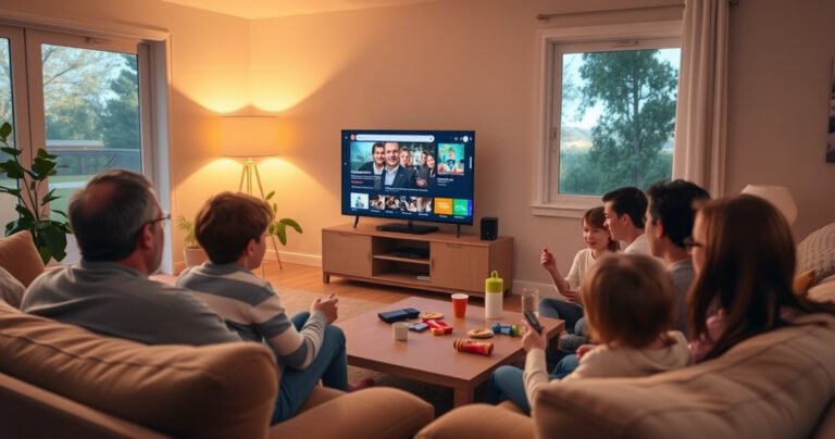 A cozy living room featuring a sleek smart TV displaying vibrant offline content, surrounded by a plush couch, warm lighting, and a soothing atmosphere. A family gathered together, enjoying board games and snacks, with a window revealing a serene outdoor scene, showcasing that entertainment can thrive without internet connectivity.