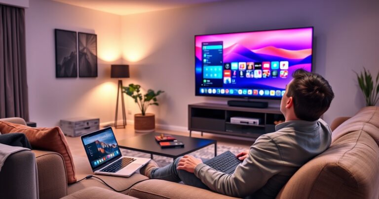 A sleek modern living room featuring a large smart TV displaying a vibrant desktop interface, surrounded by a cozy sofa and stylish decor. A laptop sits nearby, connected with a cable. Soft ambient lighting highlights the room, while a person leans back, comfortably using a wireless keyboard, showcasing the seamless blend of technology and relaxation.