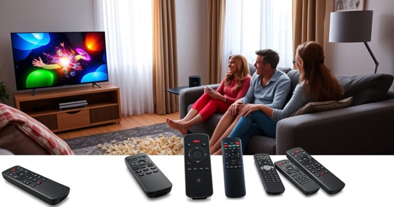 A cozy living room featuring a sleek smart TV displaying vibrant colors, surrounded by an array of universal remotes in various designs. A family of four sits comfortably on a stylish couch, engaged in lively discussion, with popcorn scattered around. Sunlight filters through airy curtains, creating a warm, inviting atmosphere perfect for movie night.
