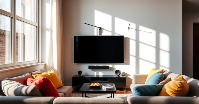 A modern living room featuring a sleek smart TV mounted on a white wall, with a stylish antenna gracefully positioned nearby. Sunlight filters through large windows, casting warm shadows. A cozy sofa adorned with colorful cushions faces the TV, while a coffee table holds snacks and a remote, creating an inviting atmosphere for tech-savvy viewers.