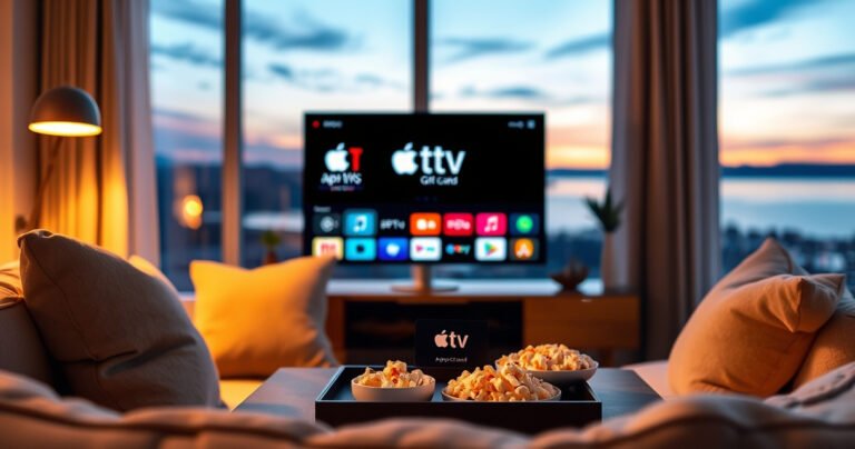 A cozy living room setting featuring a modern TV displaying the Apple TV interface, an open Apple gift card resting on a stylish coffee table. Warm, inviting lighting illuminates plush cushions and a bowl of popcorn. In the background, a window reveals a serene evening sky, blending comfort and technology in harmonious balance.