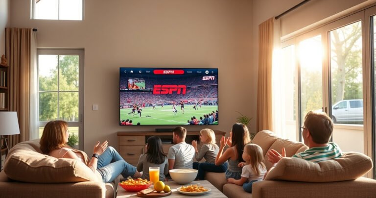 A cozy living room with a large flat-screen TV showing a vibrant ESPN sports event. A family of diverse ethnicities lounges on a plush sofa, snacks scattered around. Sunlight filters through large windows, illuminating their excited faces as they cheer. In the background, a Peacock TV logo subtly blends into the decor, hinting at streaming possibilities.
