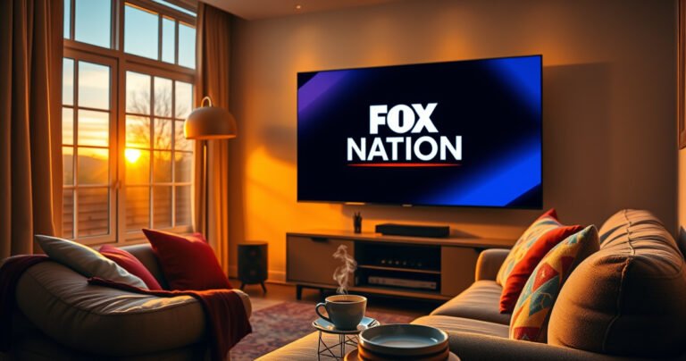 A cozy living room with a large flat-screen TV displaying the Fox Nation logo, soft golden lighting illuminating the space, a plush sofa with colorful throw pillows, a steaming cup of coffee on a side table, and a window showing a sunset outside, creating an inviting atmosphere for a relaxed viewing experience.